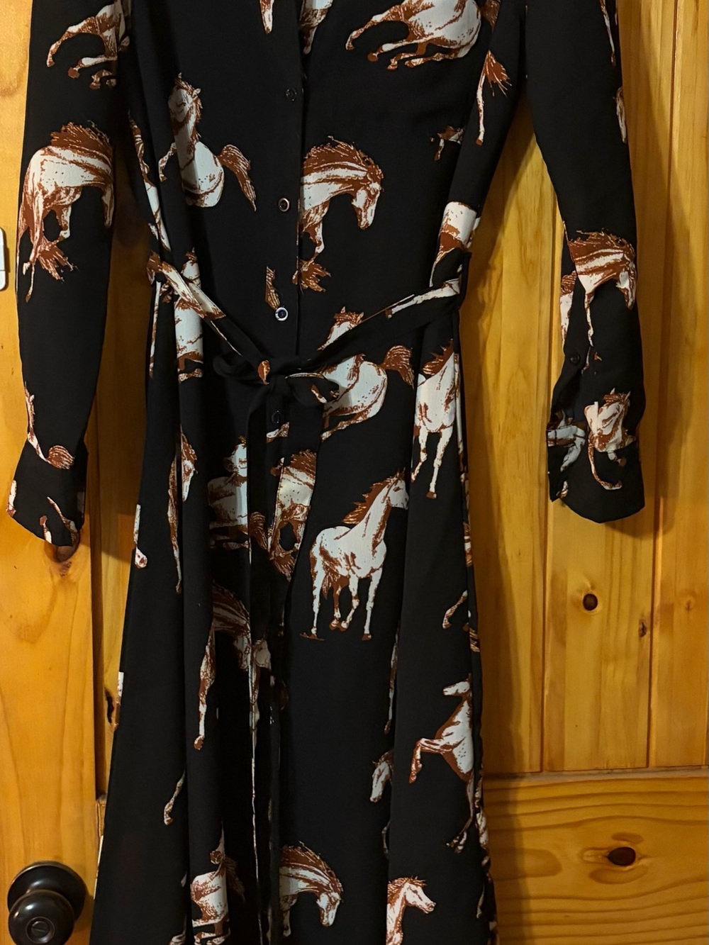 Black Maxi Shirt Dress with Brown & Cream Horse Print